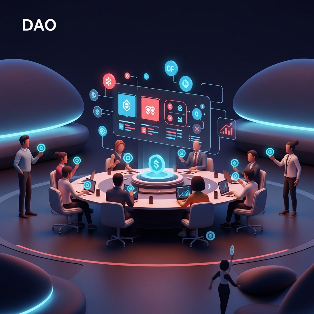 A vibrant virtual DAO council chamber filled with diverse digital avatars around a holographic roundtable, each casting blockchain-backed votes on a floating governance dashboard adorned with token and smart-contract icons, representing decentralized community-driven brand decision-making.