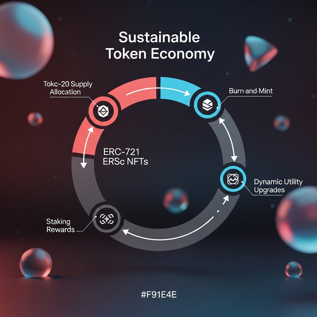 An infographic-style visualization of a sustainable token economy: a circular flow chart showing ERC-20 tokens and ERC-721 NFTs moving through labeled segments for token supply allocation, staking rewards, burn-and-mint mechanics, and dynamic utility upgrades, set against a modern blockchain motif background.