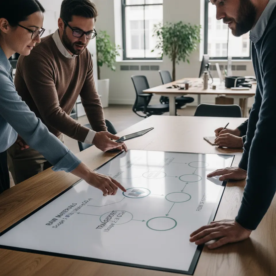 Infographic-style diagram mapping carbon emissions across a product’s lifecycle, showing stages like raw material extraction, factory operations, transportation (trucks, ships), warehousing, and retail—each node annotated with CO₂ emission figures (Scopes 1, 2, 3) and connected by arrows to illustrate the flow