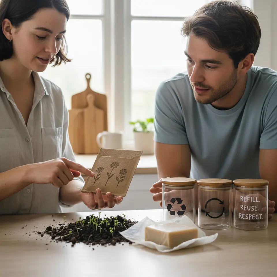 High-contrast showcase of innovative eco-friendly packaging: seed-embedded cardboard sleeves with wildflower icons and soil background, compostable plant-based film wrapping a product, and refillable minimalist containers with simple recycling or refill instructions illustrated