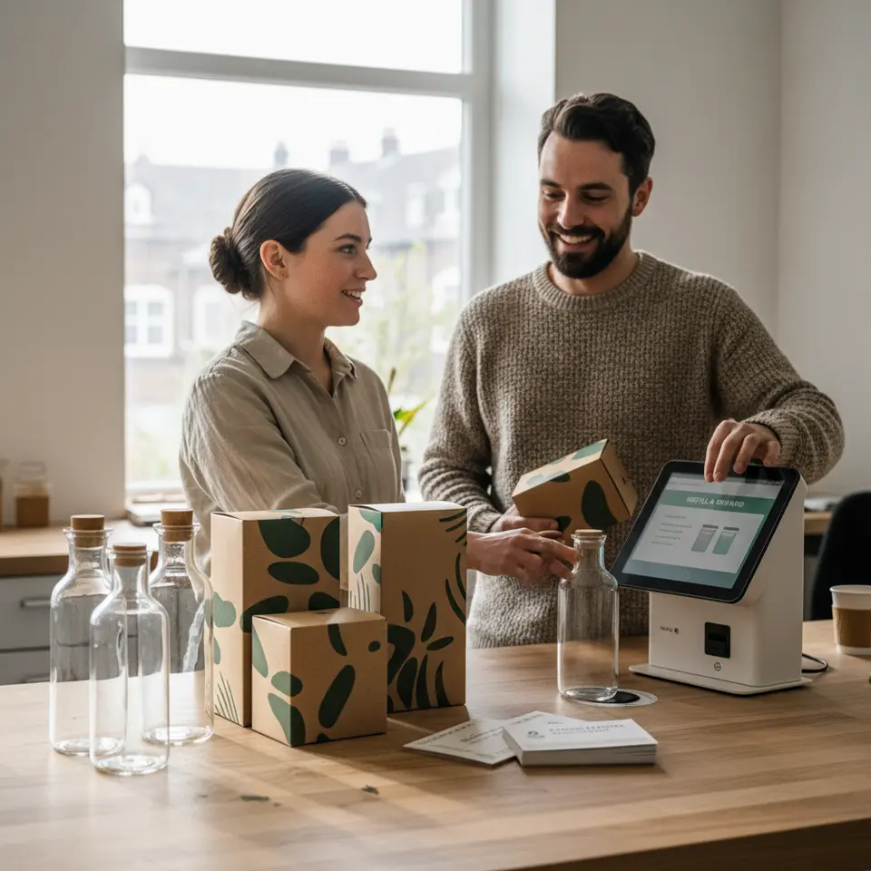 Innovative eco-packaging showcase: a clean, minimalist layout featuring refillable glass bottles, simple post-consumer recycled paper boxes with soy-ink prints, carbon-neutral shipping labels, and a loyalty deposit kiosk, all styled on a natural wood background to highlight sustainable design.