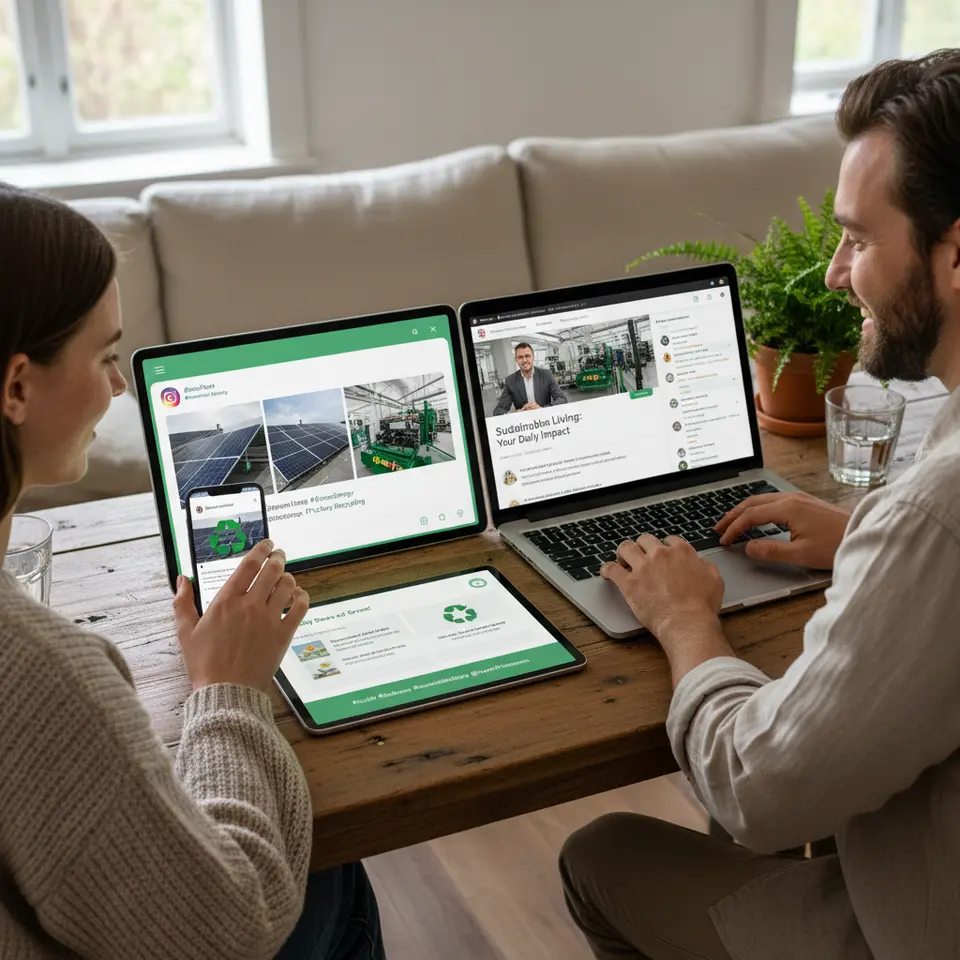 Digital eco-messaging dashboard: a vibrant, multi-screen scene with a smartphone showing an Instagram feed of solar installations and factory recycling, a laptop displaying an interactive webinar interface on green living, and an email newsletter tablet template filled with tailored eco tips and branded hashtags, unified by a fresh green color palette.