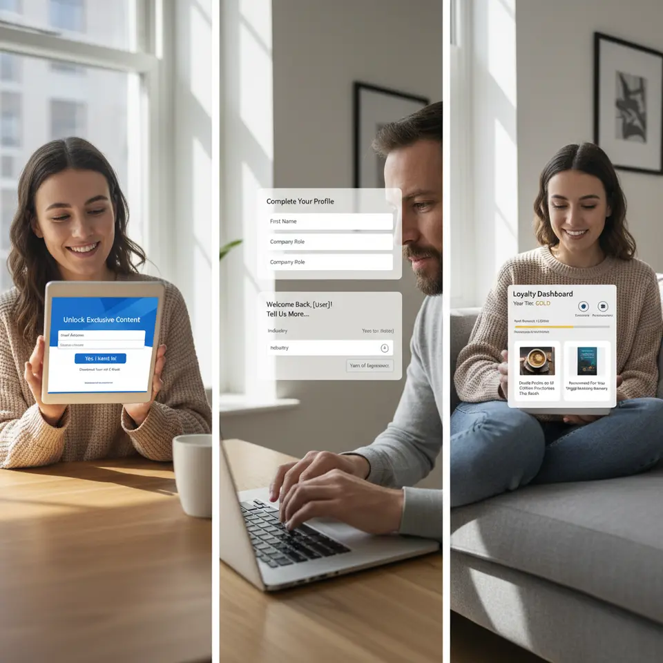 A staged first-party data ecosystem: visualize a visitor journey starting with an enticing opt-in popup offering gated content, followed by progressive profiling forms that unlock additional fields over multiple visits, and culminating in a loyalty dashboard highlighting tiered rewards and personalized offers based on collected insights.