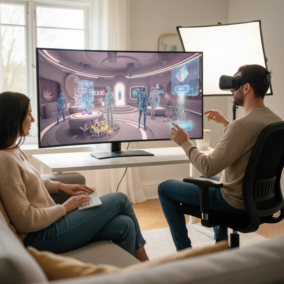 Immersive virtual launch event in a custom 3D gallery: avatars wander through digital rooms showcasing NFT artworks, interact with glowing display cases, hunt for hidden Easter eggs that reveal whitelist spots or bonus tokens, solve puzzle elements on floating panels, and click integrated mint buttons—all captured in a vibrant, gamified metaverse setting.